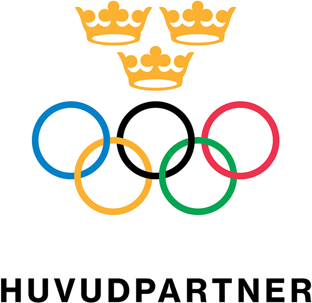 Tre kronor över olympiska ringarna med texten "HUVDUPARTNER" nedanför.