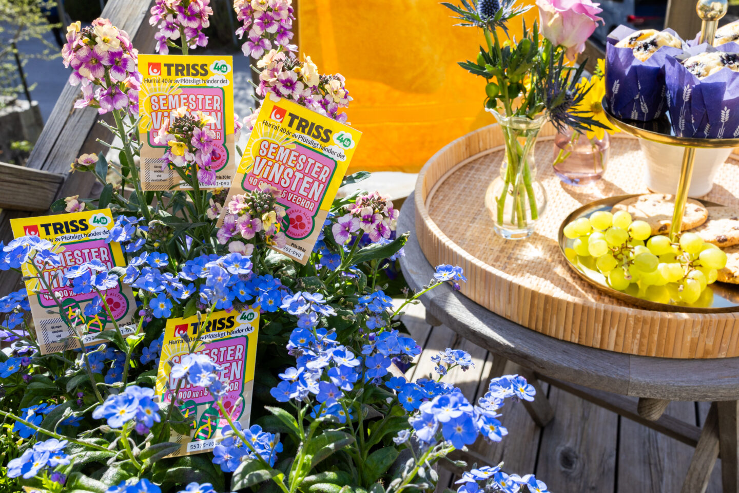 Tre Triss Semestervinsten-lotter på ett dukat sommarbord med blommor, frukt och fika i trädgårdsmiljö.